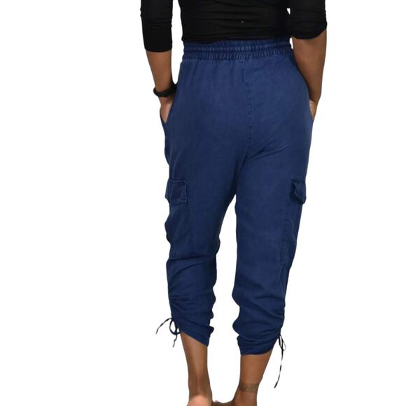 Zara Cargo Pants Blue High Waisted Ruched Crop Jogger Elastic Linen Size Small - Picture 13 of 14